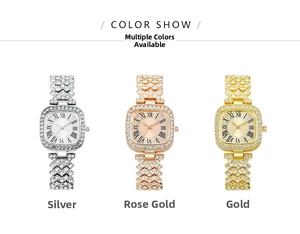 Detail shot of luxury square rhinestone watches in silver, gold, and rose gold finishes