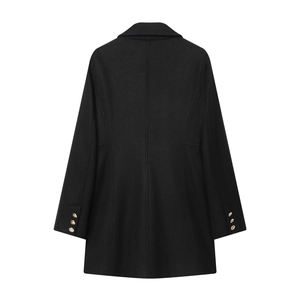 Back view of a black wool blend short coat for women with golden sleeve buttons