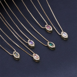 Gold-plated marquise drop necklaces with colorful micro-pave cubic zirconia pendants