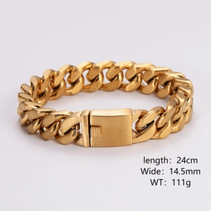 Detail view of 18K gold plated stainless steel Cuban link chain with 14.5mm width specs