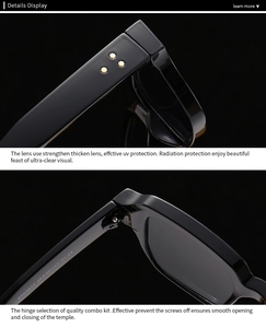 Detail view of premium metal hinges and UV protection lenses on black square sunglasses