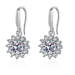 Detailed view of silver flower earrings with zircon sunflower petals and earring hooks