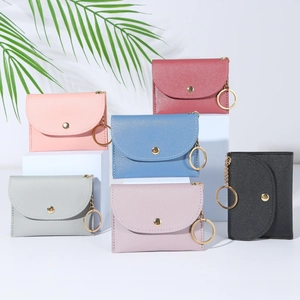 Mini Coin Purse PU Leather Card Holder With Keychain Ring Snap Closure Solid Candy Color Sweet Style For Women