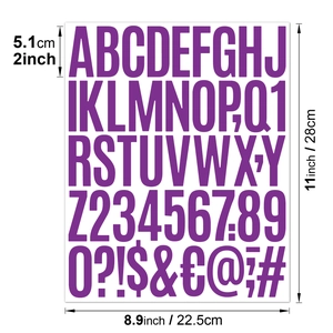Detail view of 2-inch purple letter stickers with size dimensions for DIY planners
