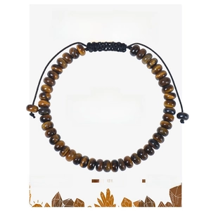Tiger eye stone beaded bracelet with adjustable black cord on informative display card