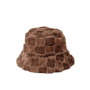 Winter plush checkerboard bucket hat in dark brown faux fur with warm fuzzy texture