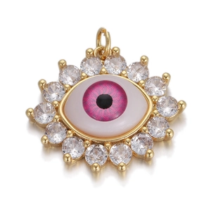 Exquisite evil eye pendant with pink iris and white zircon stones on gold metal base