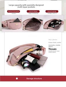 Internal storage detail of pink nylon waist bag showing pockets for phone and daily items