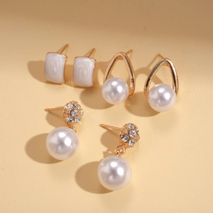 Elegantes 6-teiliges Set geometrische Perlen- und Strass-Ohrstecker in Vintage-Gold