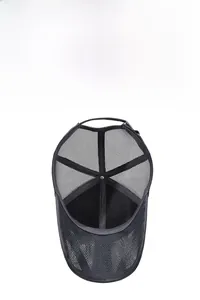 Close-up of black mesh baseball cap showing breathable large hole fabric texture