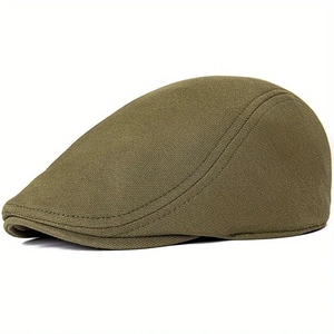 Classic olive green newsboy cap in twill cotton with minimalist side profile view