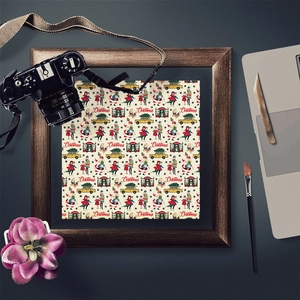 Macro view of Christmas pattern scrapbooking paper with Santa Claus in a vintage wood frame
