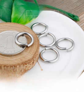 Detail of silver titanium steel jump rings with coin for size reference and scale