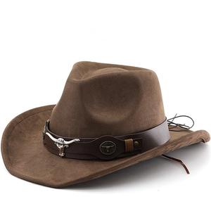 Chapeau De Cowboy Occidental Suédine Large Bord Incurvé Tête De Taureau Décoration Métallique Ceinture Rétro Fedora