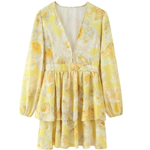 Yellow floral print V-neck tiered mini dress with long lantern sleeves and cinched waist
