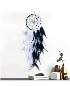 Detail of bohemian dream catcher with black and white feathers and woven net wall hanging