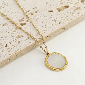 Round Pendant Necklace Stainless Steel Mother Of Artificial Pearl Hammered Texture 18K Gold Plated Minimalist Jewelry Women