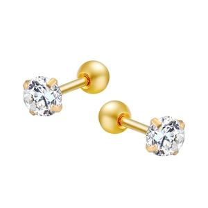 Surgical steel stud earrings with round clear zircon and secure screw ball backs