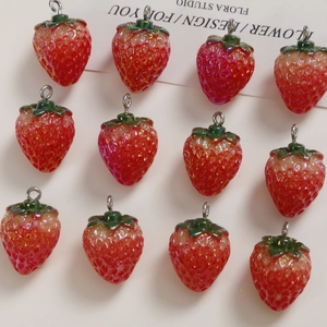 Set of 12 realistic resin strawberry charms with red glitter and silver rings for DIY jewelry