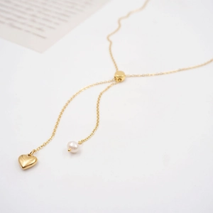 Minimalist gold heart and pearl Y-shaped adjustable tassel necklace for women