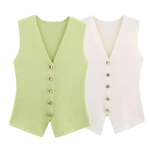 Conjunto de chalecos de punto con cuello en V en verde claro y blanco para mujer