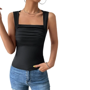 Slim fit black ribbed knit tank top for women with elegant square neck and front pleats