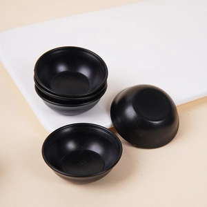 Miniature black matte ceramic-style round sauce bowls for dollhouse kitchen play