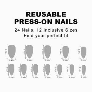 Size chart showing 24 reusable press-on nails in 12 different sizes with inch measurements