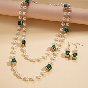 Vintage long pearl necklace set with emerald square pendants and matching earrings