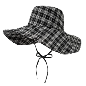 Outdoor wide brim sun hat for women featuring a classic black and white plaid pattern design