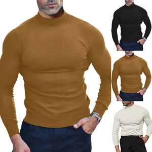 Detail view of men's slim fit turtleneck long sleeve shirts in ginger, black and cream