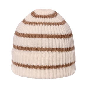 Berretto in maglia a righe beige e marroni con trama a coste per un classico stile college