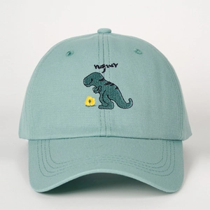 Adjustable mint green cotton baseball cap with cute dinosaur and YUMMY embroidery