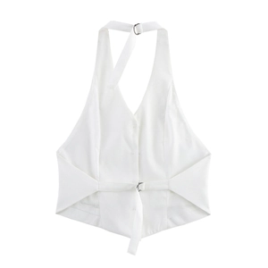 White halter top camisole featuring adjustable metal buckles on plain white background