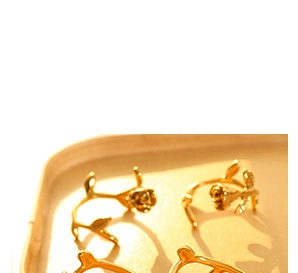 Detail shot of golden rose jewelry featuring realistic vine textures on a beige display tray