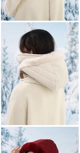 Close-up of winter hooded scarf with diamond quilting and fluffy faux fur collar trim