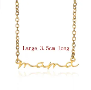 Detailed view of a gold-plated mama letter pendant necklace with 3.5cm large sizing