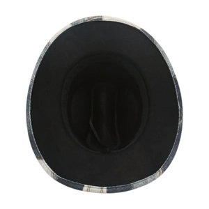 Top view of vintage western fedora interior with adjustable sweatband and printed brim