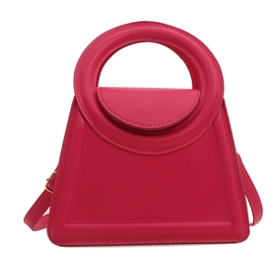 Fashion rose red trapezoid handbag with round hollow handle and detachable shoulder strap