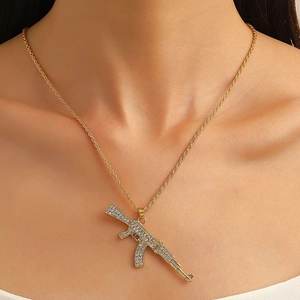Hip Hop Iced Out Rhinestone Gun Pendant Necklace Alloy AK47 Handgun Rifle Shape Chain Necklace For Men Women Punk Jewelry