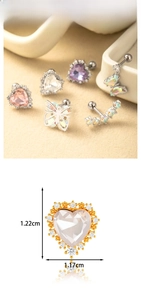 Detail showing dimensions of heart-shaped screw back earrings with colorful crystals