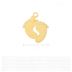 Detailed size chart for a gold stainless steel baby footprint pendant, 19x16mm dimensions