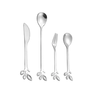 Silver stainless steel leaf handle cutlery set including spoon fork and knife