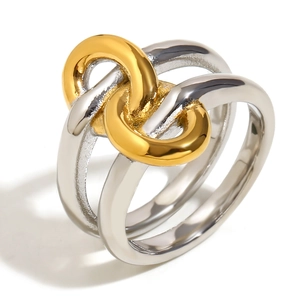 Minimalist bicolor 18K gold plated stainless steel knotted double layer ring for women