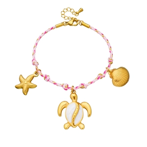 Pink and white woven ocean bracelet with turtle, starfish and seashell gold pendants