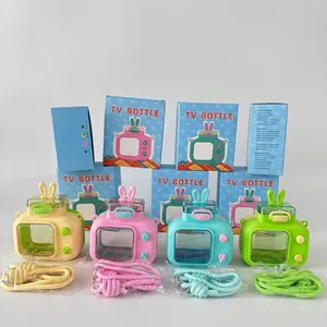 Detail of four colorful TV-shaped kids' water bottles with straps and gift packaging boxes