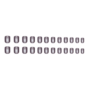 Short square cat eye press-on nails in dusty purple gray, 24 piece set on white background