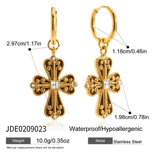 Detailed view of gold stainless steel cross earrings with zircon and vintage texture