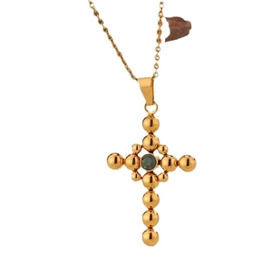 Vintage gold cross pendant necklace with green zircon stone and beaded metal design