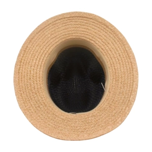 Top-down view of a woven straw beach hat showing black mesh lining and sweatband details